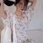 Floral Puff-sleeve Maxi A-line Dress Milky White - One Size