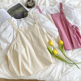 Set: Puff-sleeve Plain Shirt + Drawstring Plain Jumper Dress