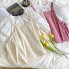 Set: Puff-sleeve Plain Shirt + Drawstring Plain Jumper Dress