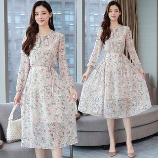 Long-sleeve Tie-neck Floral Print Midi Chiffon Dress