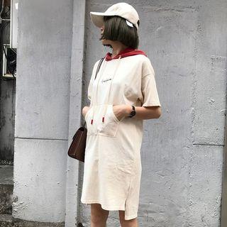 Color Panel Short Sleeve Hoodie Dress