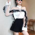 Dot Mesh Top / Plain High-waist A-line Skirt