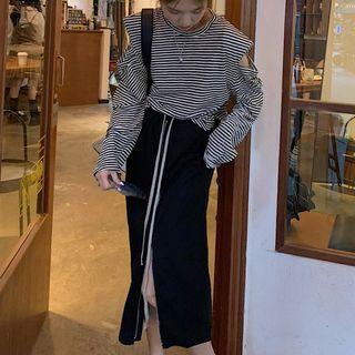 Cutout Off-shoulder Striped Top / Zip Split Maxi Skirt