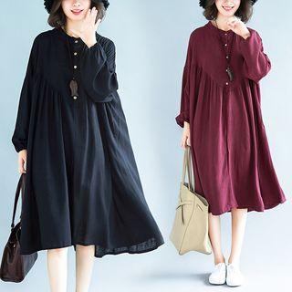 Plain Round-neck Lantern-sleeve Dress