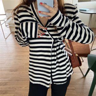 Long-sleeve V-neck Striped T-shirt As Shown As Figure - One Size