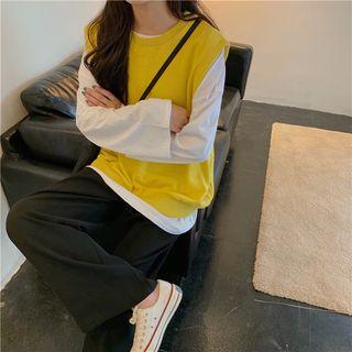 Drop-shoulder Plain T-shirt / Loose-fit Vest / Wide-leg Pants