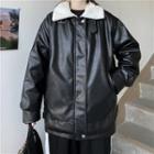 Fleece-lined Faux Leather Jacket Black - One Size