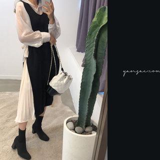 Sleeveless Pleated-detail Knit Dress Black - One Size