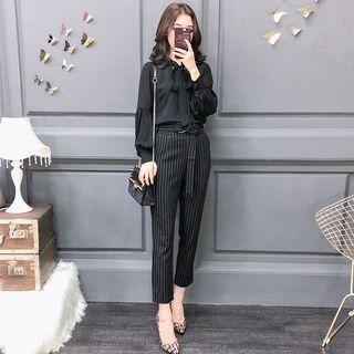 Set: Long-sleeve Chiffon Blouse + Pinstriped Pants