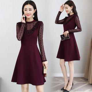 Mock Neck Frilled Trim Mesh Panel Dress