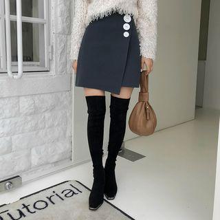 Buttoned Knit Mini Wrap Skirt