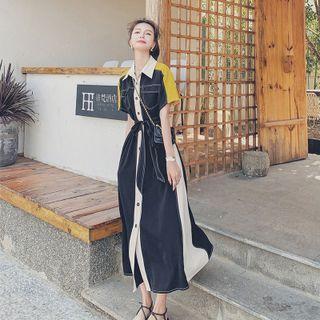 Short-sleeve Color Block Midi A-line Shirtdress