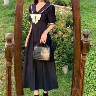 Elbow-sleeve Sailor Collar Ribbon Midi A-line Dress