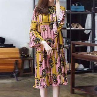 3/4-sleeve Print Pleated A-line Dress