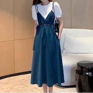 Set: Short-sleeve Top + Strappy Midi A-line Overall Dress