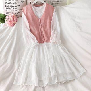 Puff-sleeve Midi A-line Dress / Sweater Vest