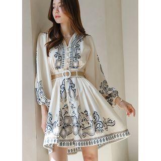 Balloon-sleeve Paisley Tunic Dress With Belt Light Beige - One Size