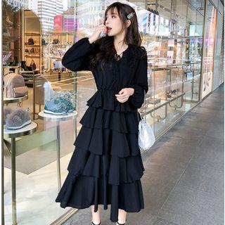 Long-sleeve Lace Trim Midi Tiered Dress