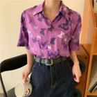 Elbow-sleeve Printed Shirt Purple - One Size