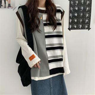 Plain Long Sleeve T-shirt / Stripe Vest / Denim Midi Skirt