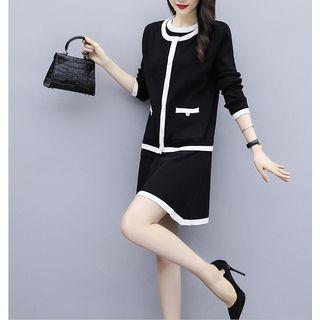 Set: Plain Cardigan + Contrast Trim Sleeveless Knit Dress