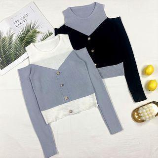 Two Tone Cold-shoulder Cropped Knit Top
