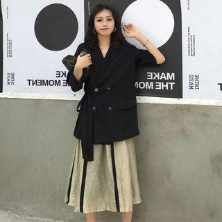 Double Breasted Loose-fit Wrapped Blazer / Contrast Trim Midi A-line Skirt