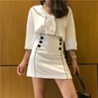 Color-block V-neck Blouse / Buttoned Slim-fit Skirt