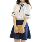 Set: Ribbon Accent Shirt + Mini Skirt