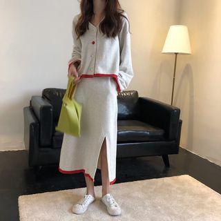 Set: V-neck Button Jacket + Midi Skirt