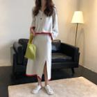 Set: V-neck Button Jacket + Midi Skirt