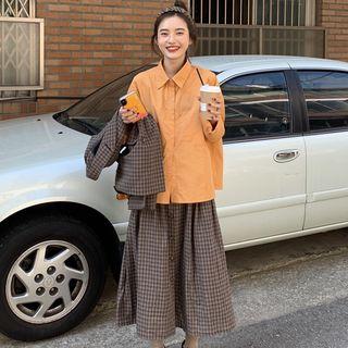Plaid Double Breasted Blazer / Midi Skirt / Shirt