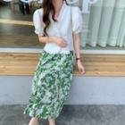 Short-sleeve Ruffle Trim Top / Floral Midi Skirt