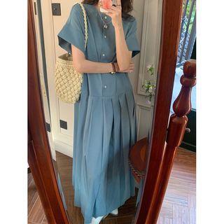 Short-sleeve Button-up Pleated Maxi Dress