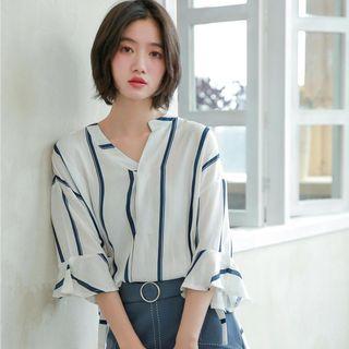 Pinstripe 3/4-sleeve Chiffon Blouse