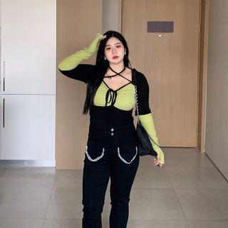 Long-sleeve Strappy Two-tone Fitted Top