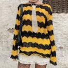 Long Sleeve Crochet Knit Striped Loose-fit Sweater