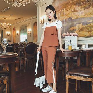 Set: Short-sleeve T-shirt + Ruffle Camisole Top + Cropped Wide Leg Pants