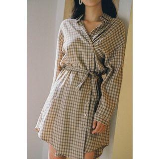 Self-tie Plaid Shirtdress Beige - One Size
