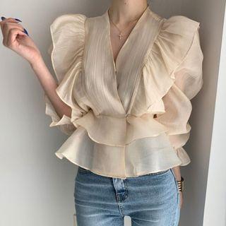 Elbow Sleeve Ruffle Chiffon Blouse Almond - One Size