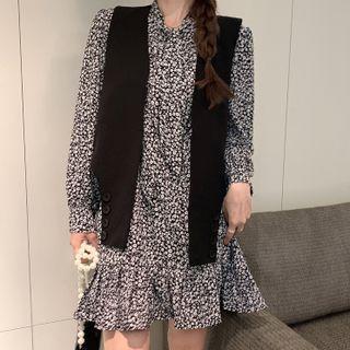 Set: Long-sleeve Flower Print Mini Dress + Asymmetrical Vest