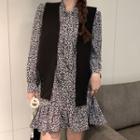 Set: Long-sleeve Flower Print Mini Dress + Asymmetrical Vest