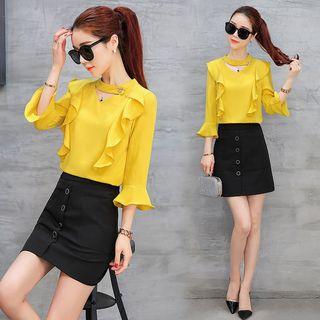 Set: Ruffle Chiffon Blouse + A-line Skirt
