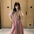 Short-sleeve Plaid Blouse / Wide-leg Pants