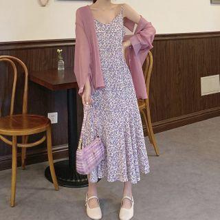 Spaghetti Strap Floral Print A-line Midi Dress + Long-sleeve Sheer Shirt