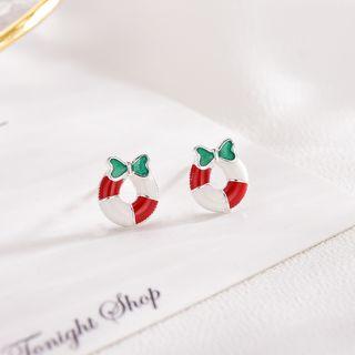 Swim Ring Earring R542 - Green Bow - White & Red - One Size