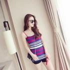 Spaghetti Strap Striped Knit Top Blue - One Size