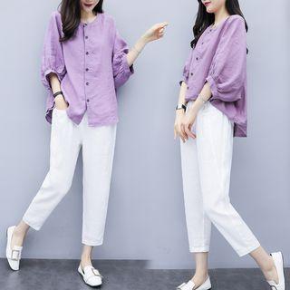 Set: 3/4-sleeve Blouse + Cropped Straight-cut Pants