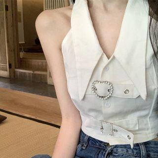 Halter Rhinestone Buckle Crop Top