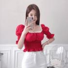 Lace-trim Smocked-waist Cropped Top